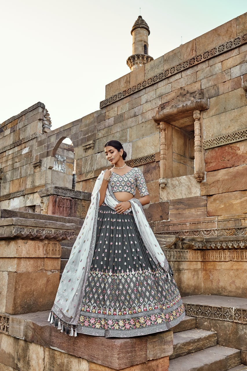 White and Grey Floral Embroidery Georgette Lehenga