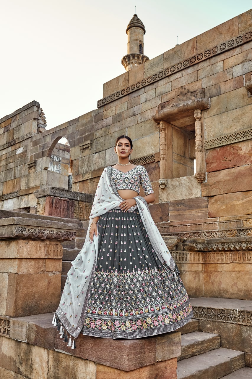 White and Grey Floral Embroidery Georgette Lehenga