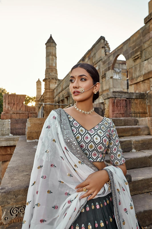 White and Grey Floral Embroidery Georgette Lehenga