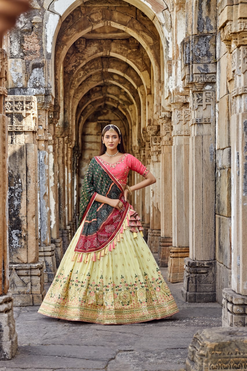 Yellow and Pink Color Heavy Embroidery Lehenga