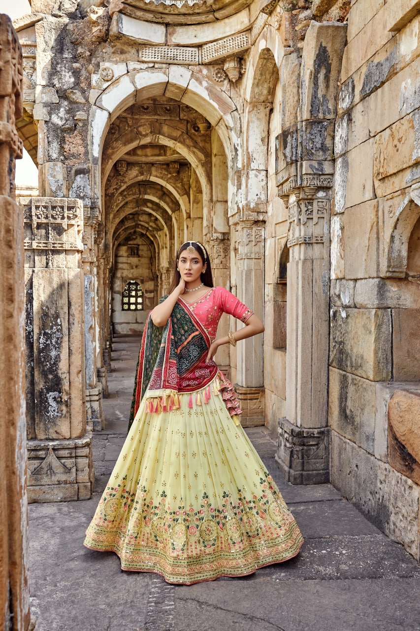 Yellow and Pink Color Heavy Embroidery Lehenga