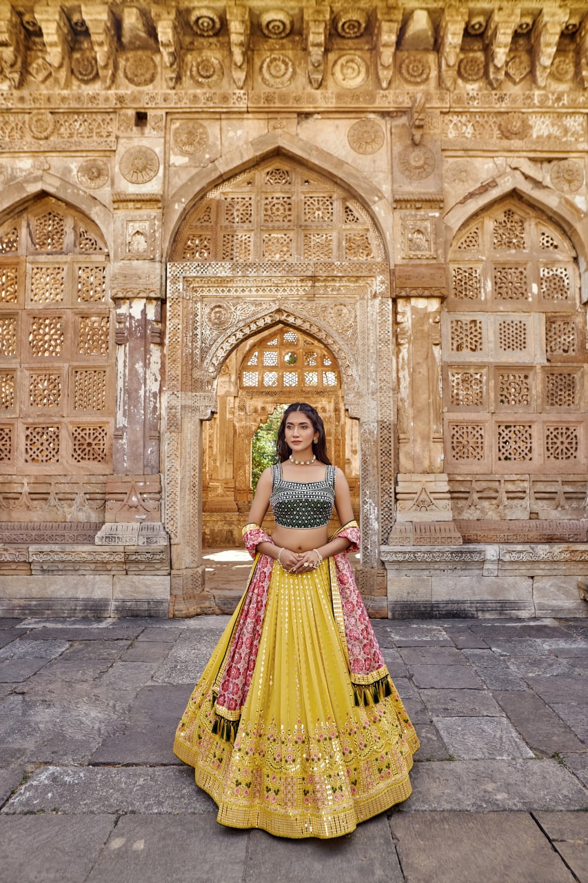 Yellow and Grey Color Heavy Sequins Work Lehenga