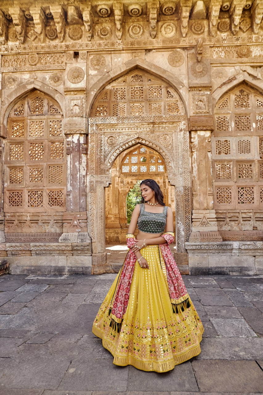 Yellow and Grey Color Heavy Sequins Work Lehenga