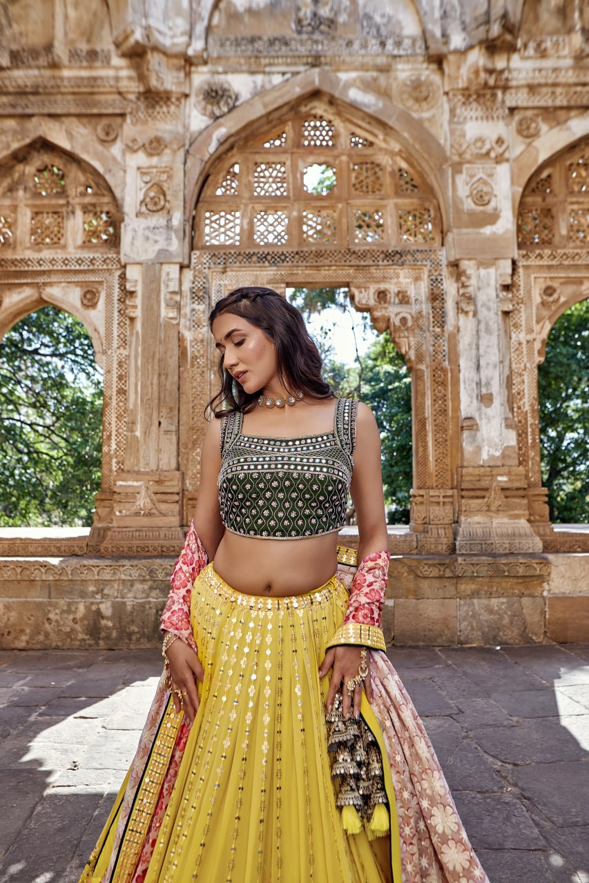 Yellow and Grey Color Heavy Sequins Work Lehenga