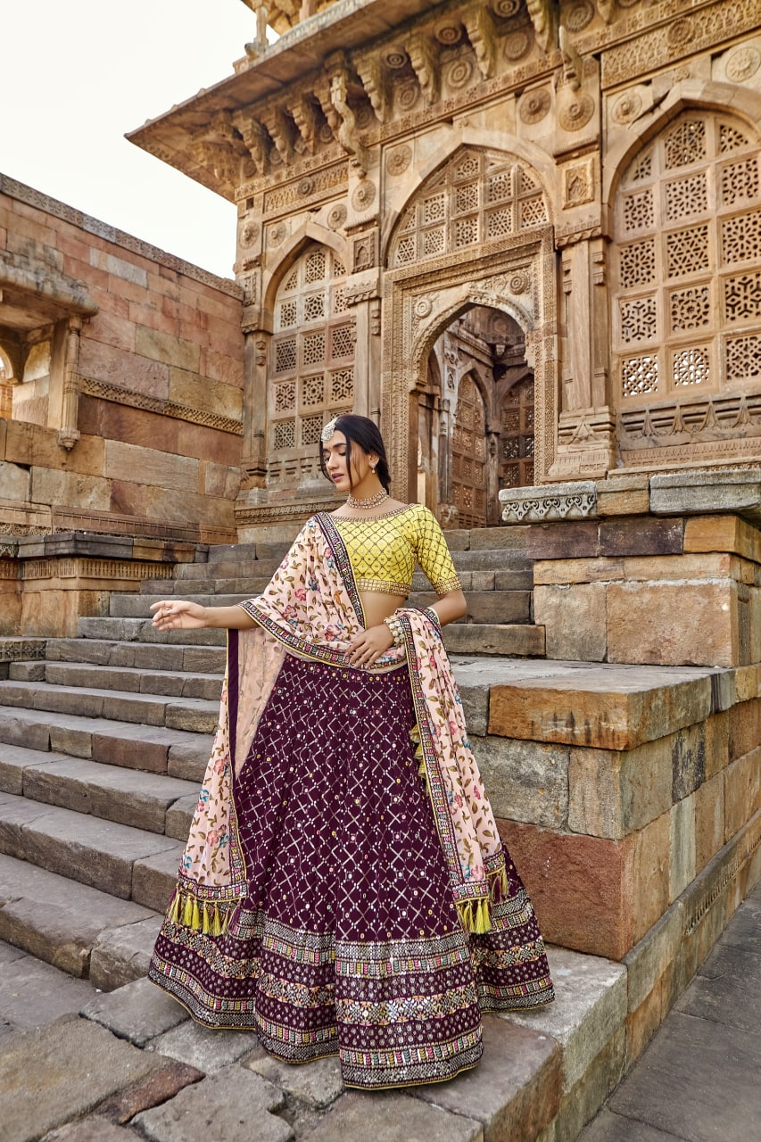 Purple and Yellow Color Thread Work Georgette Lehenga