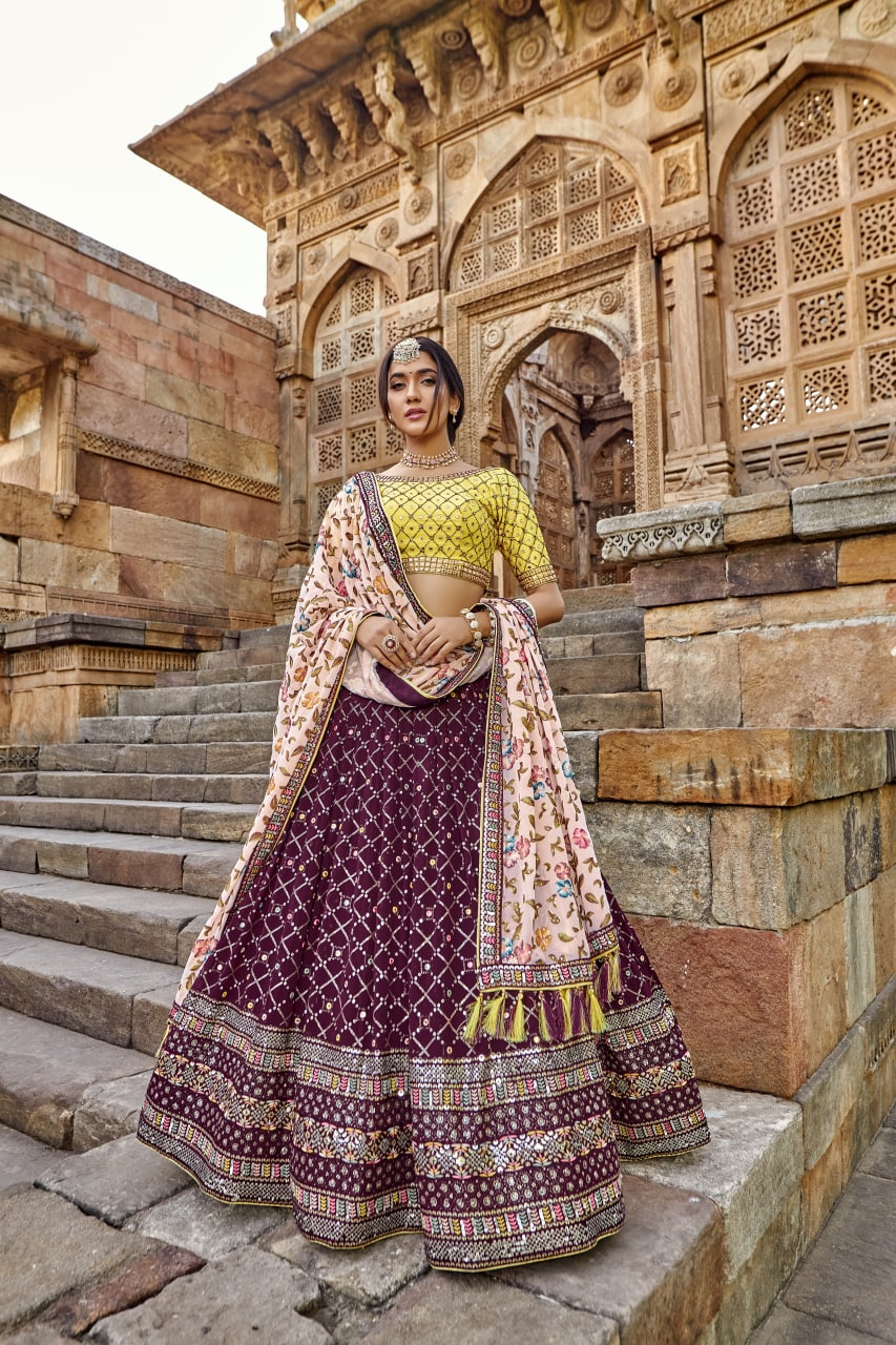 Purple and Yellow Color Thread Work Georgette Lehenga