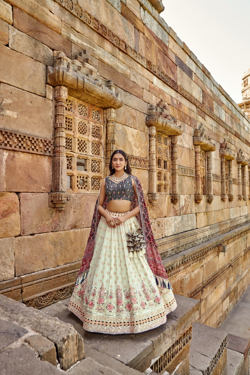 Elegant White and Blue Color Georgette Lehenga