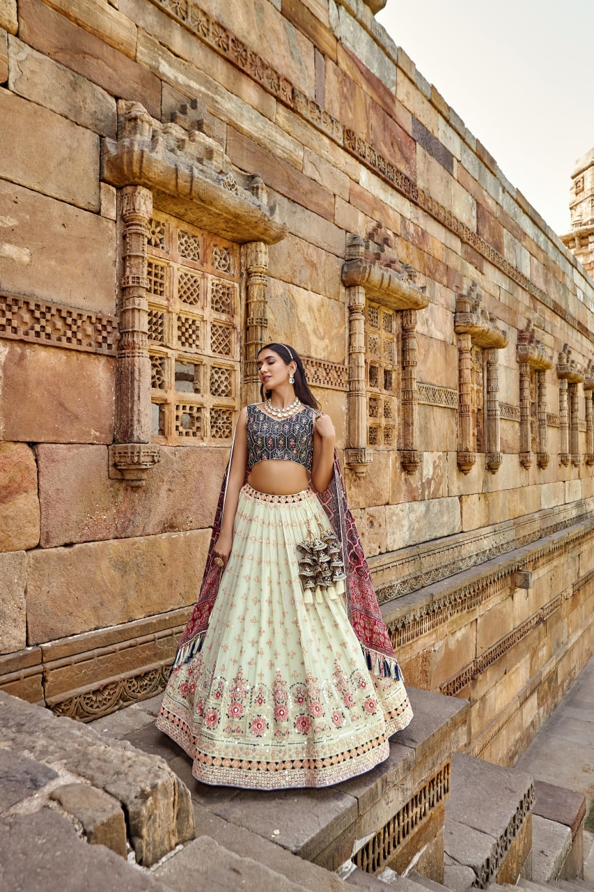 Elegant White and Blue Color Georgette Lehenga