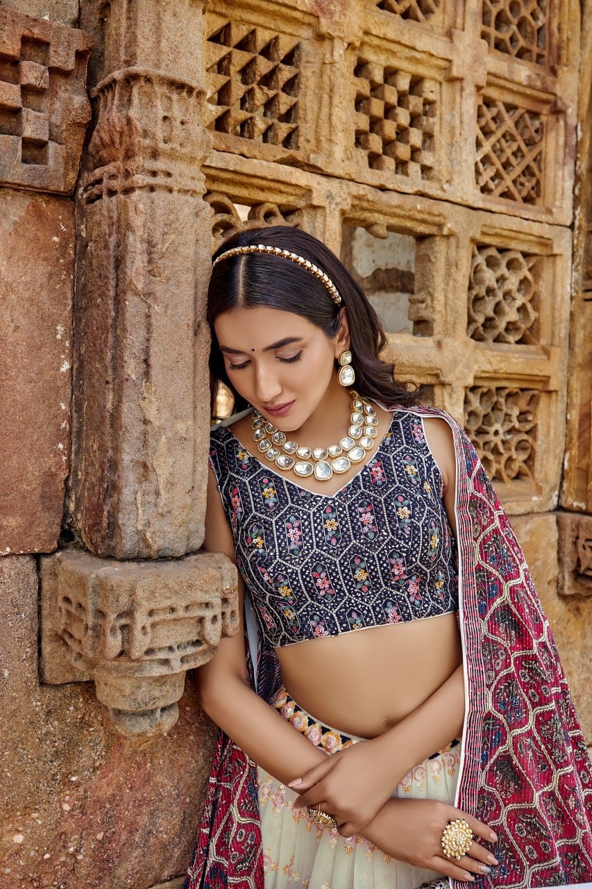 Elegant White and Blue Color Georgette Lehenga