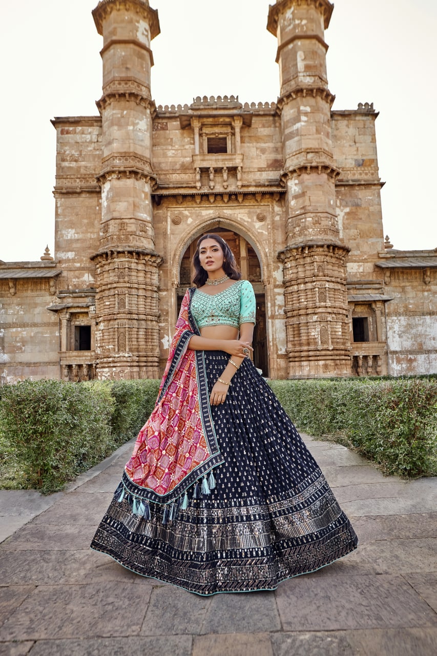 Blue and Green Color Beautiful Embroidery Lehenga