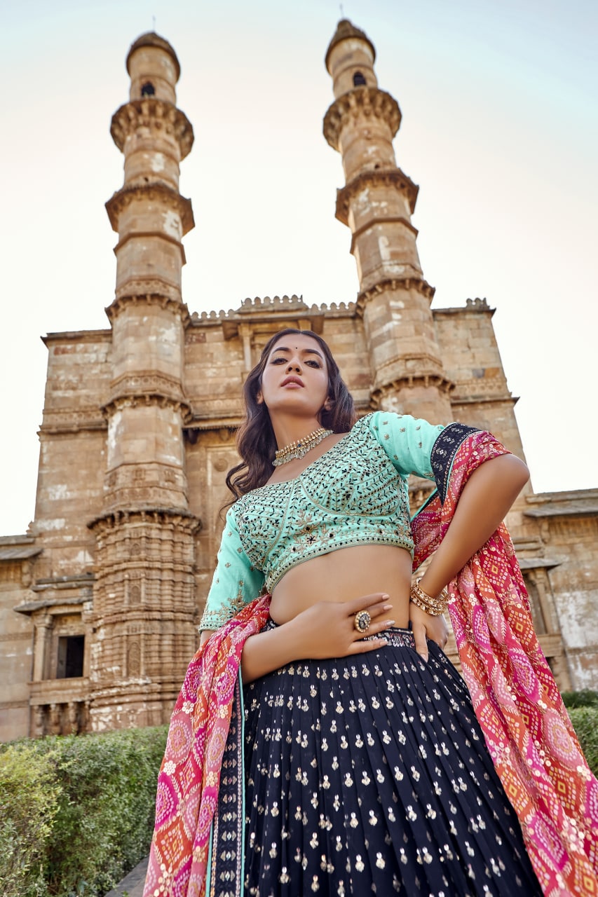 Blue and Green Color Beautiful Embroidery Lehenga