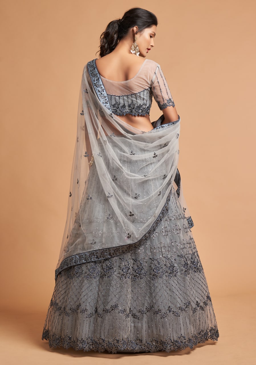 Grey Floral Designer Zari Embroidery Lehenga Choli