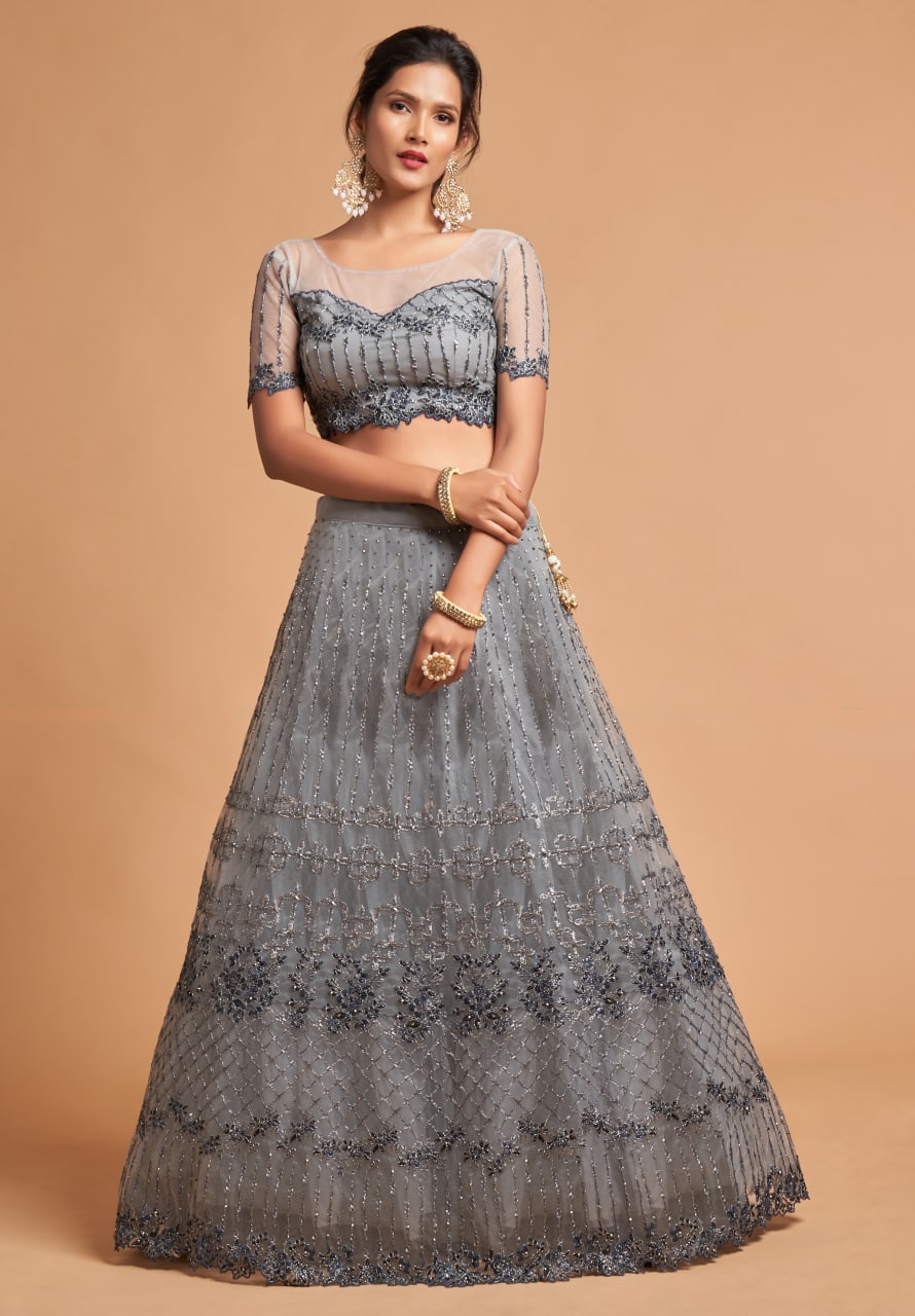 Grey Floral Designer Zari Embroidery Lehenga Choli