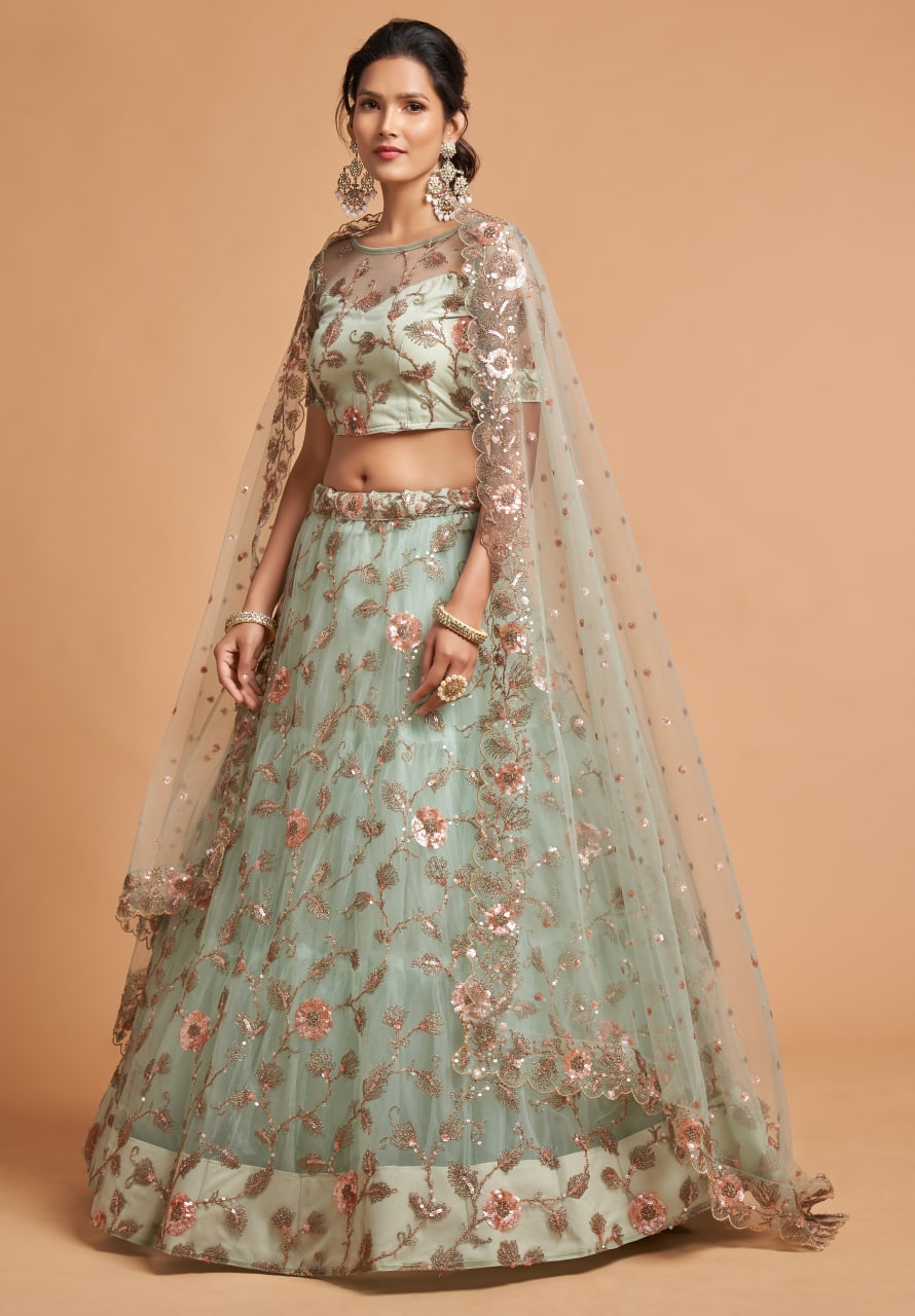 Sky Blue Elegant Multi Sequins Embroidery Work Lehenga