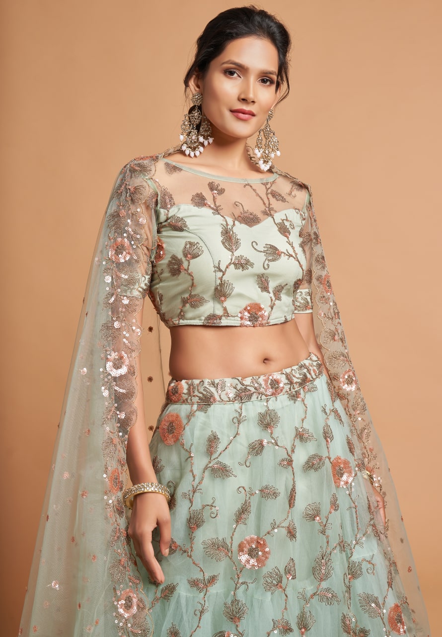 Sky Blue Elegant Multi Sequins Embroidery Work Lehenga