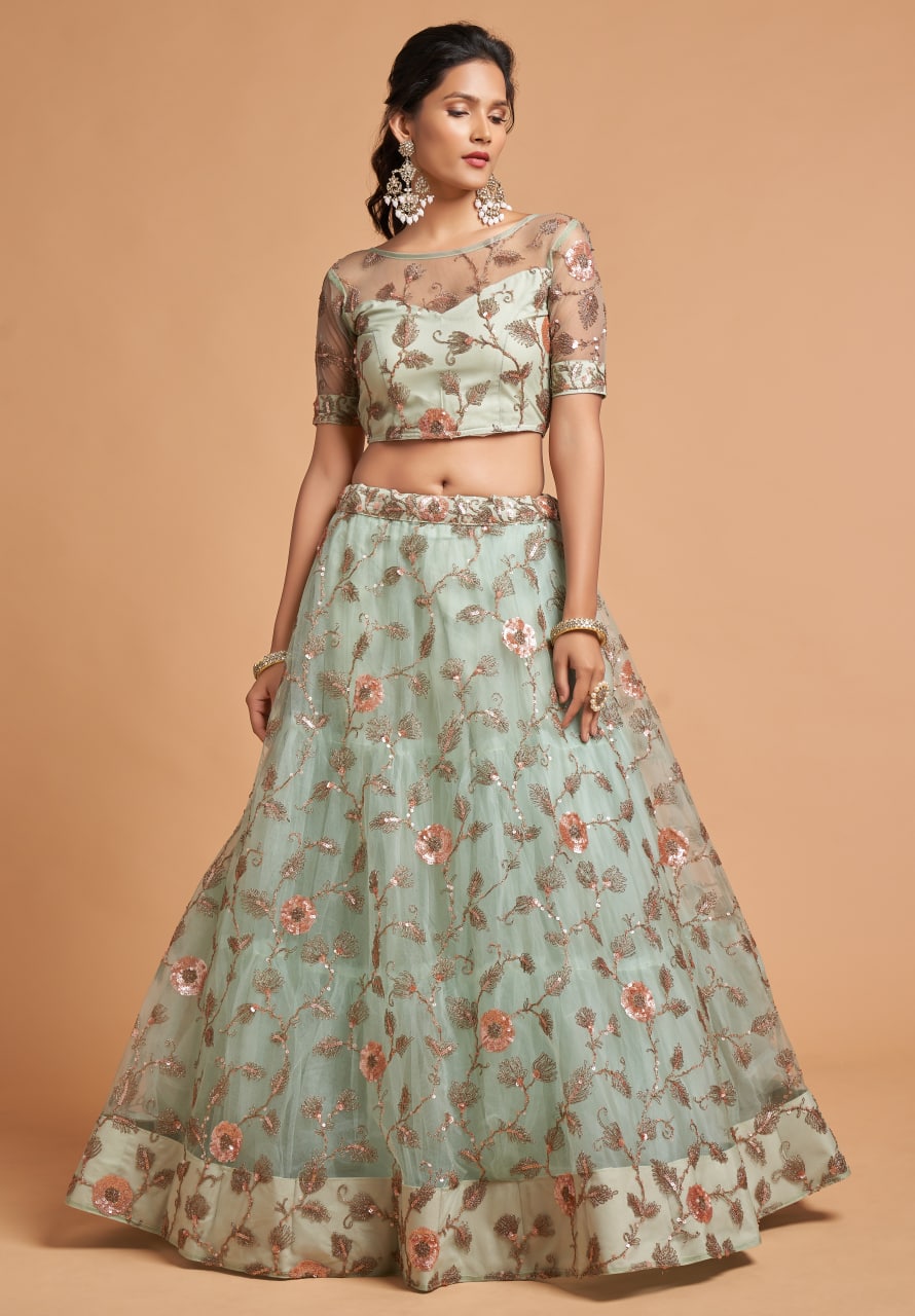 Sky Blue Elegant Multi Sequins Embroidery Work Lehenga