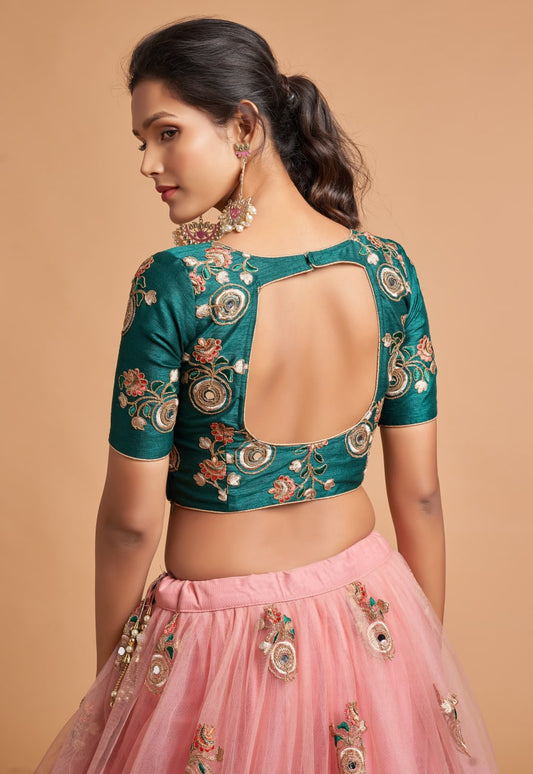 Peach Color Zari Embroidery Work Art Silk Lehenga