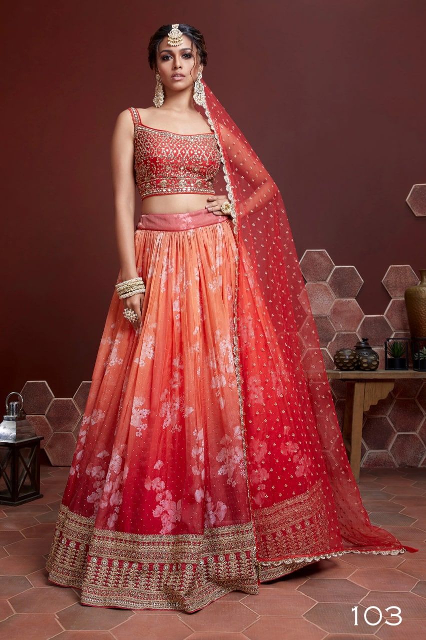 Orange Embroidery Organza Silk Party Wear Lehenga Choli