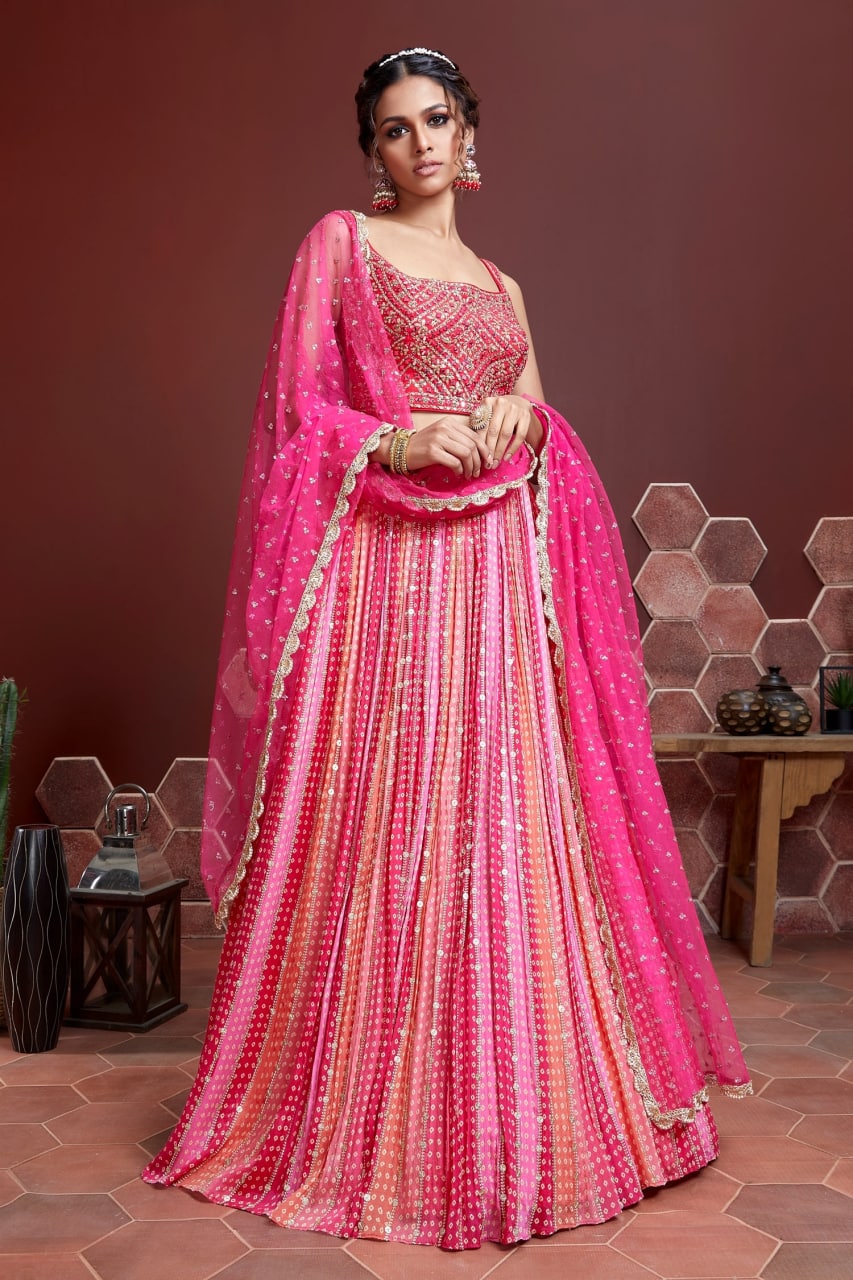 Peach and Pink Bandhani Printed Lehenga