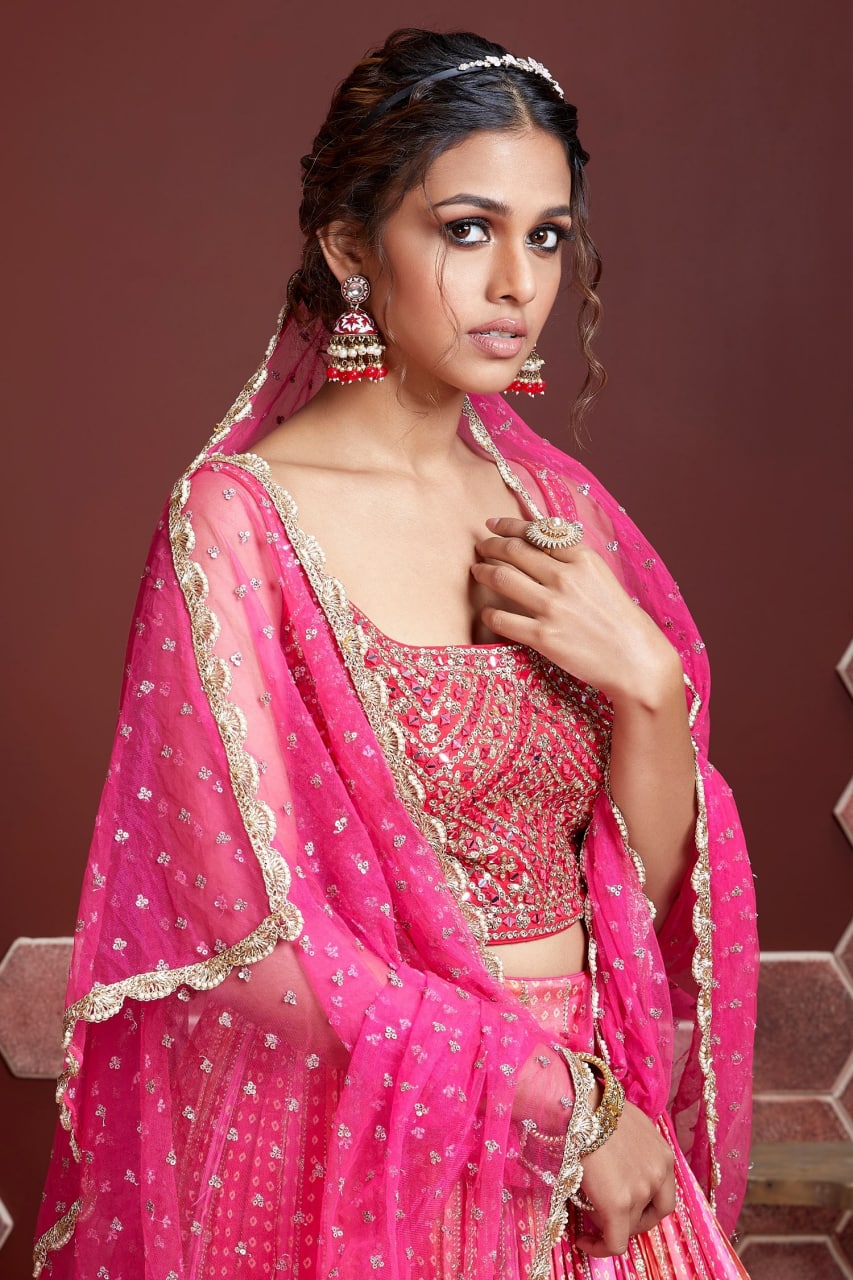 Peach and Pink Bandhani Printed Lehenga