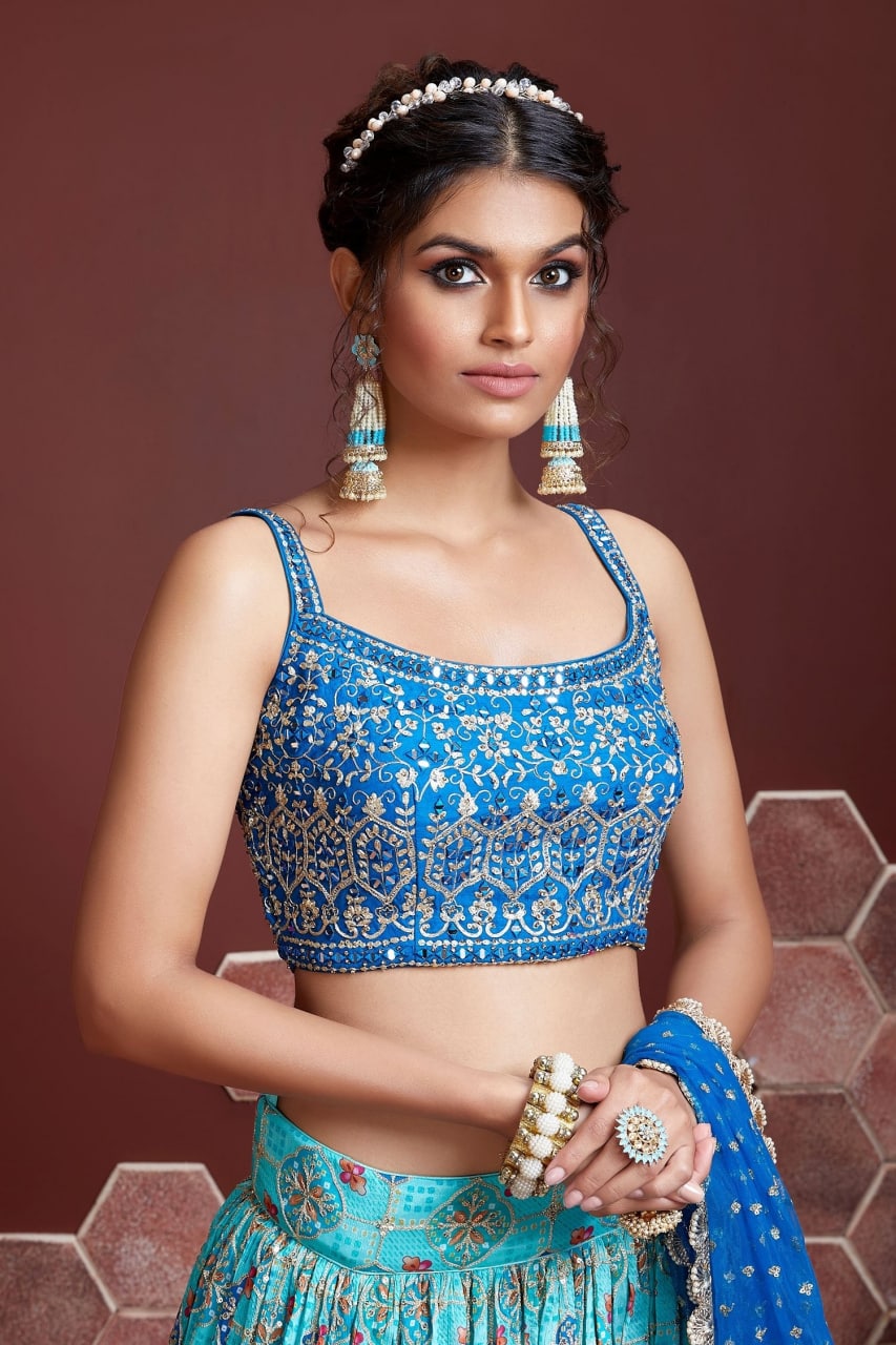 Sky Blue Embroidery Organza Silk Party Wear Lehenga Choli