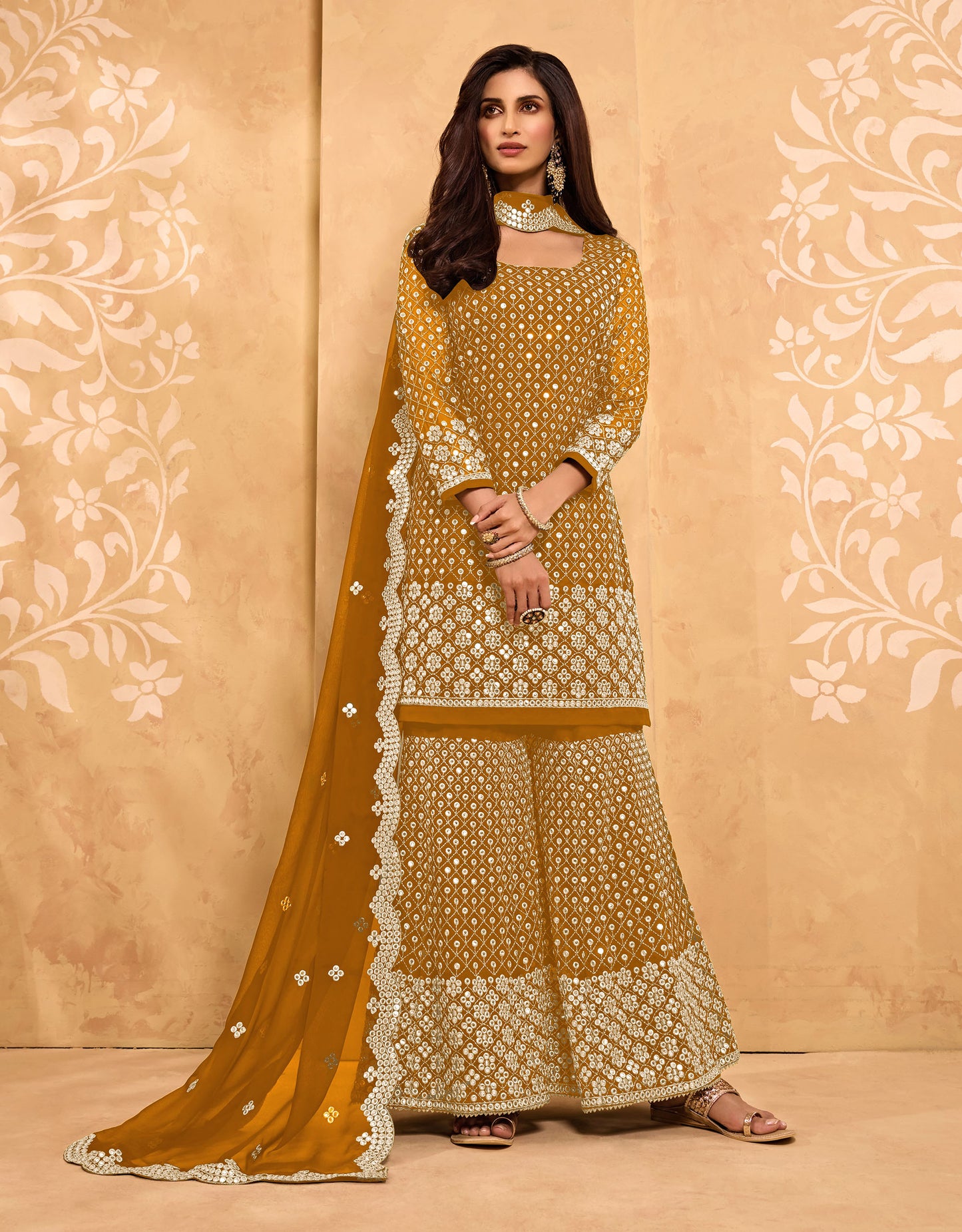 Yellow Color Mirror Embroidery Georgette Sharara