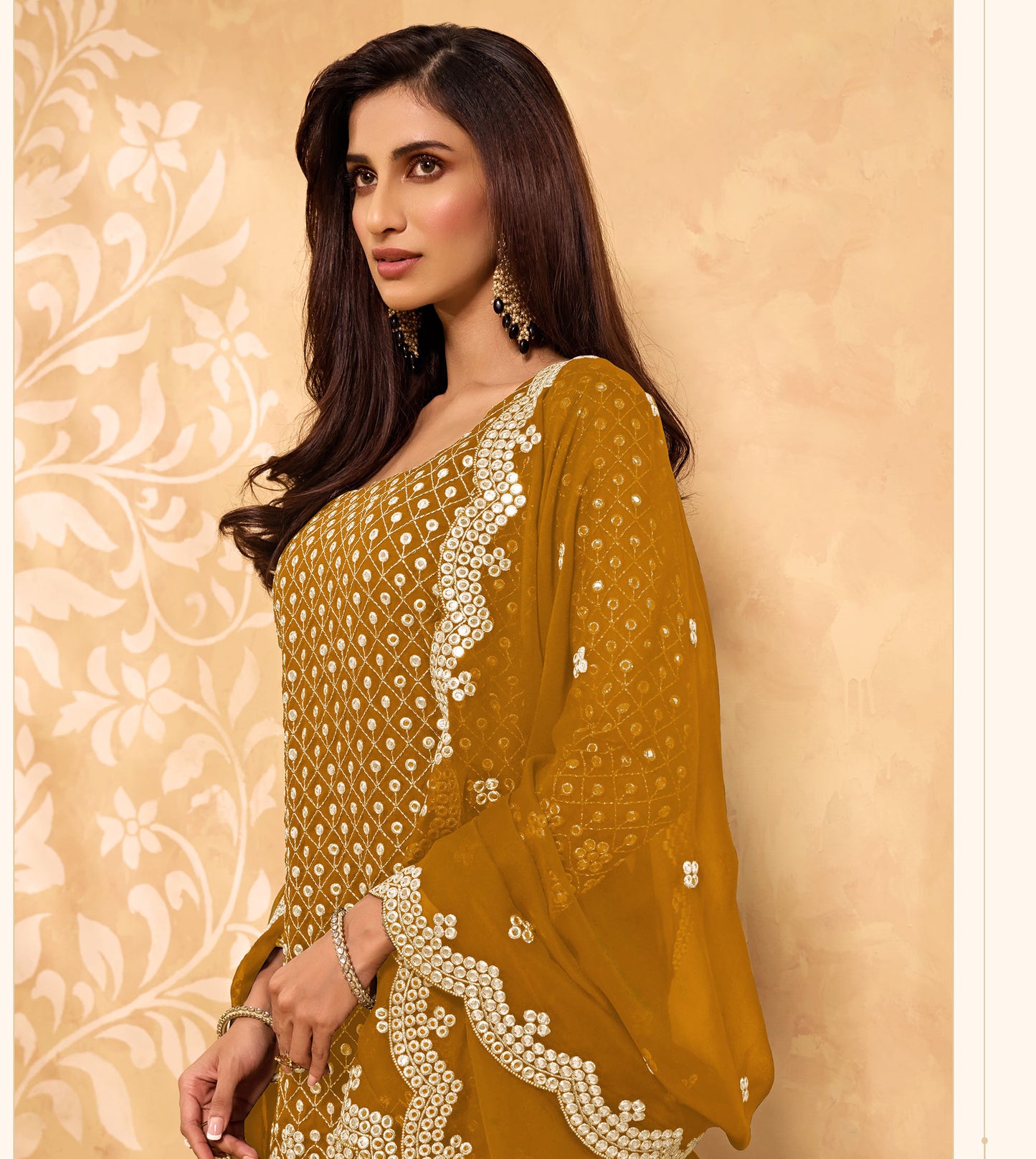 Yellow Color Mirror Embroidery Georgette Sharara