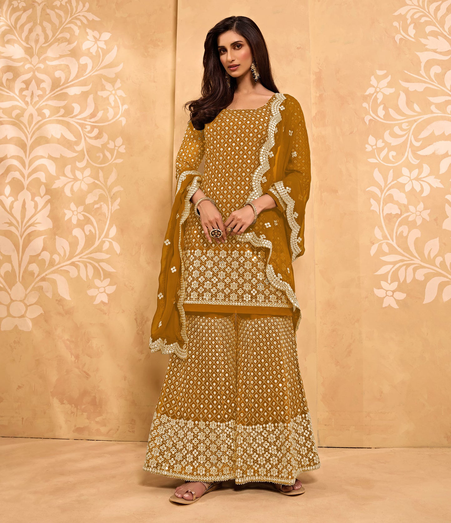 Yellow Color Mirror Embroidery Georgette Sharara