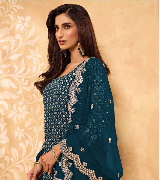 Blue Color Mirror Embroidery Georgette Sharara