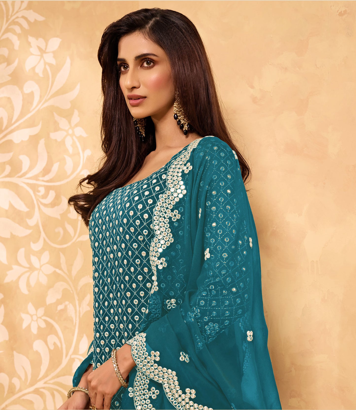 Sky Blue Color Mirror Embroidery Georgette Sharara