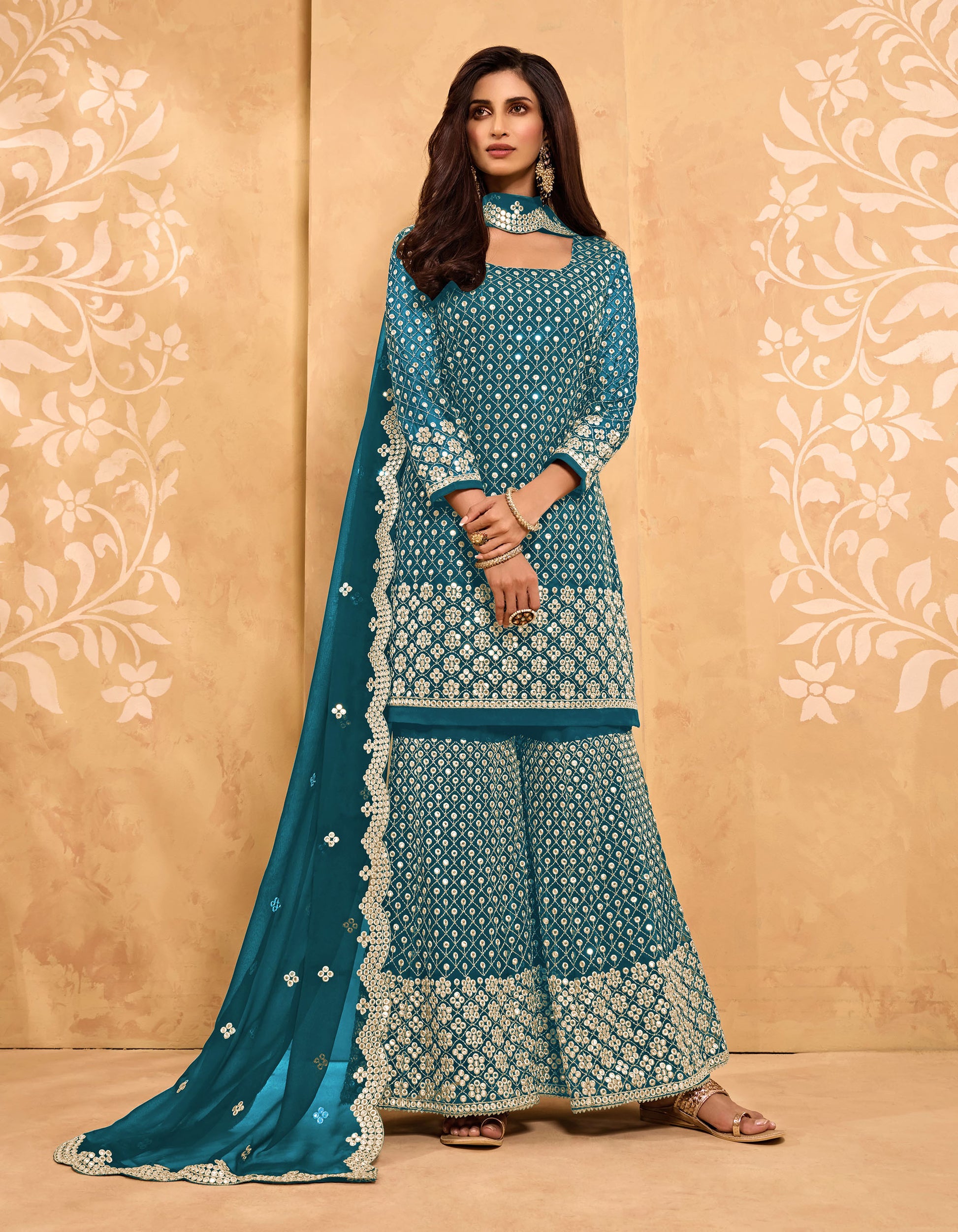 Sky Blue Color Mirror Embroidery Georgette Sharara