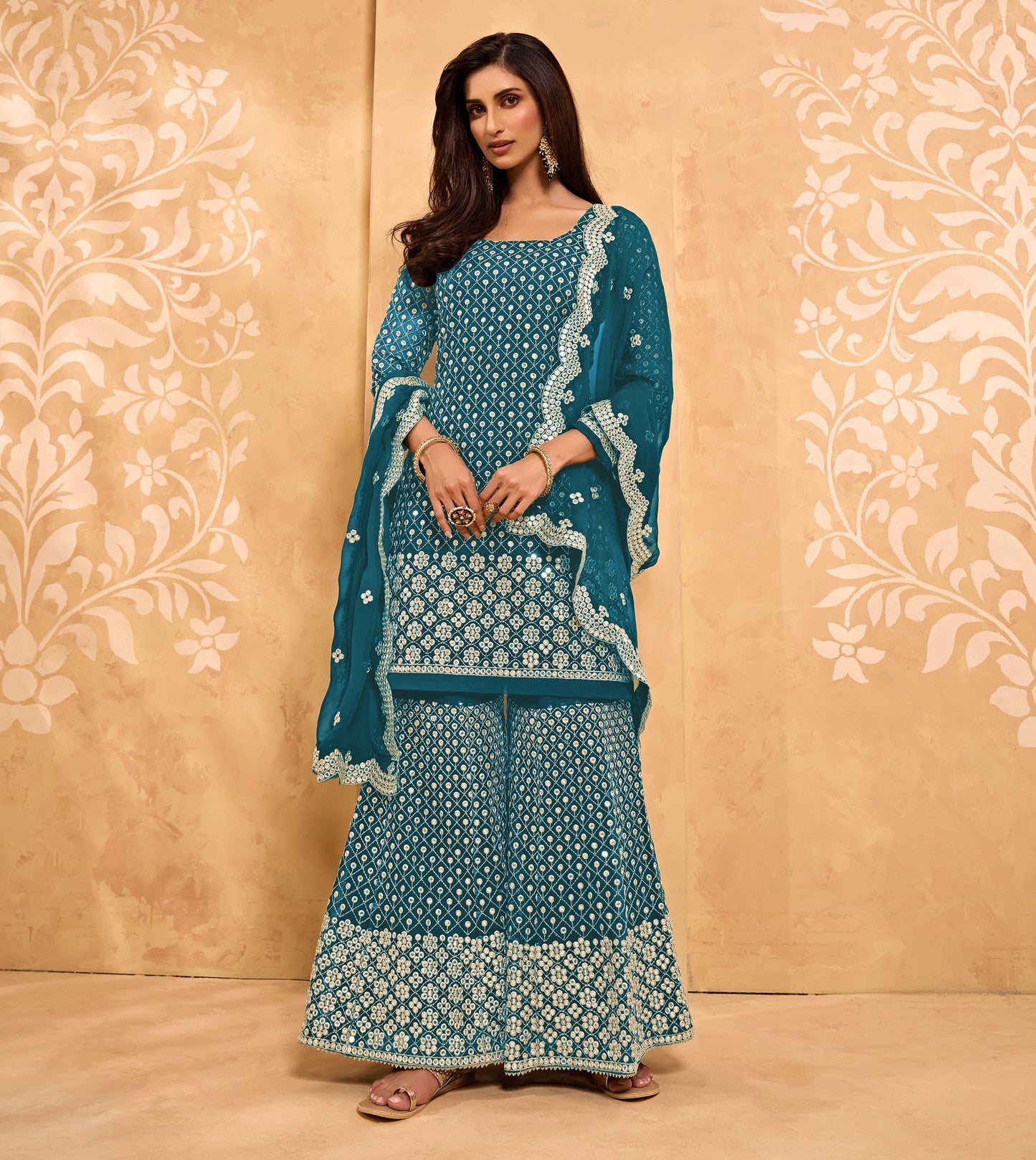 Sky Blue Color Mirror Embroidery Georgette Sharara