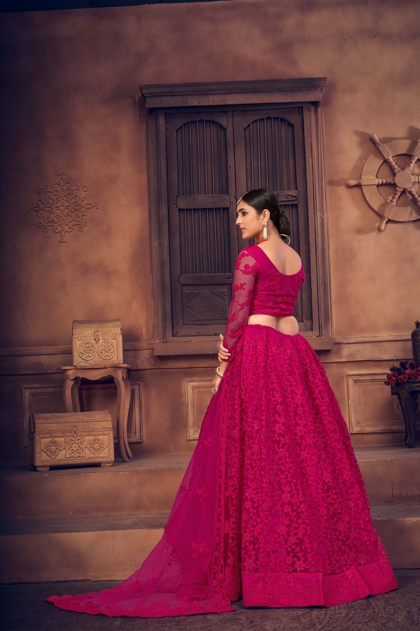 Dark Pink Color Embroidered Net Lehenga